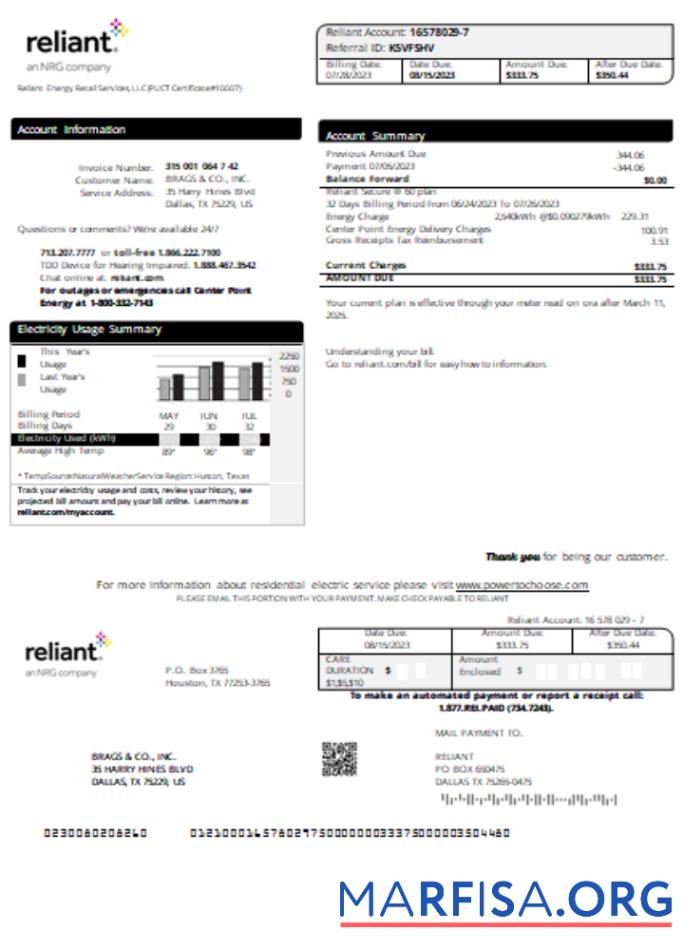 Blank Reliant Energy utility business bill, SCR sample